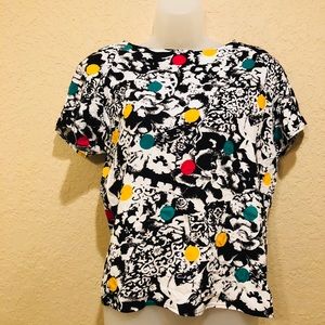 {Vintage}80 floral blouse w/bright polka dots